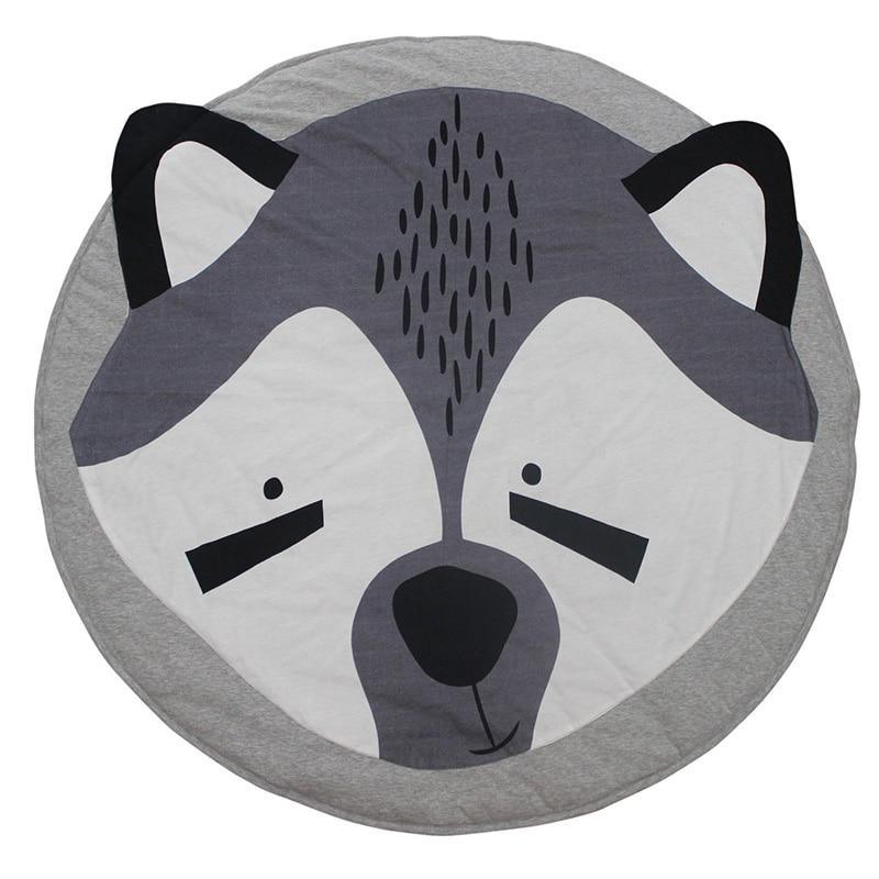 Round rug with a raccoon face design on a white background