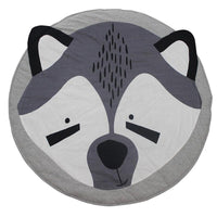 Round rug with a raccoon face design on a white background