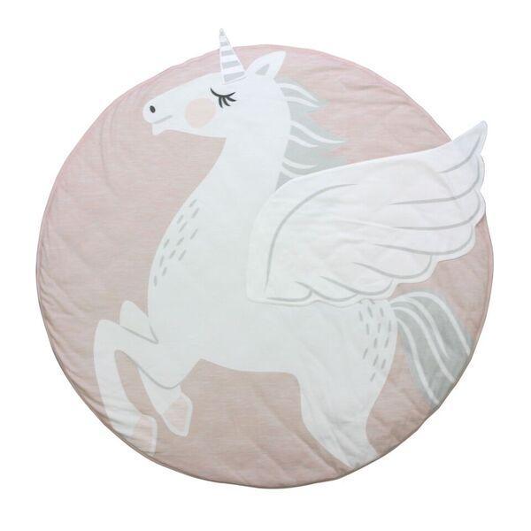 Round pink rug with a white unicorn design on a white background