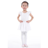 Girls white ballet tutu dress with ruffle sleeves, sized for young children, worn with tights and ballet shoes