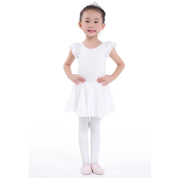 Girls white ballet tutu dress with ruffle sleeves, sized for young children, worn with tights and ballet shoes