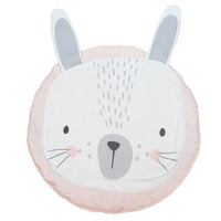 Round cushion with a rabbit face design on a white background