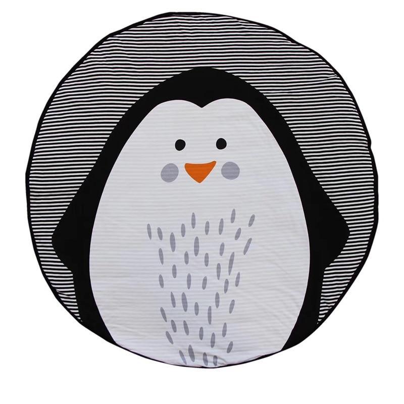 Round penguin-shaped mat with black and white stripes on a white background