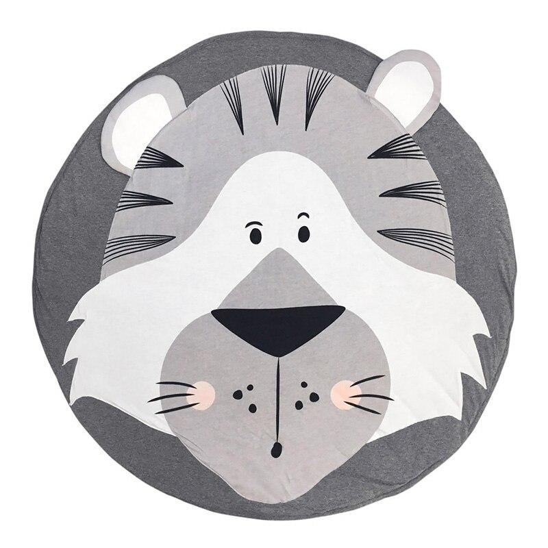 Round rug with a lion face design on a gray background
