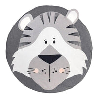Round rug with a lion face design on a gray background