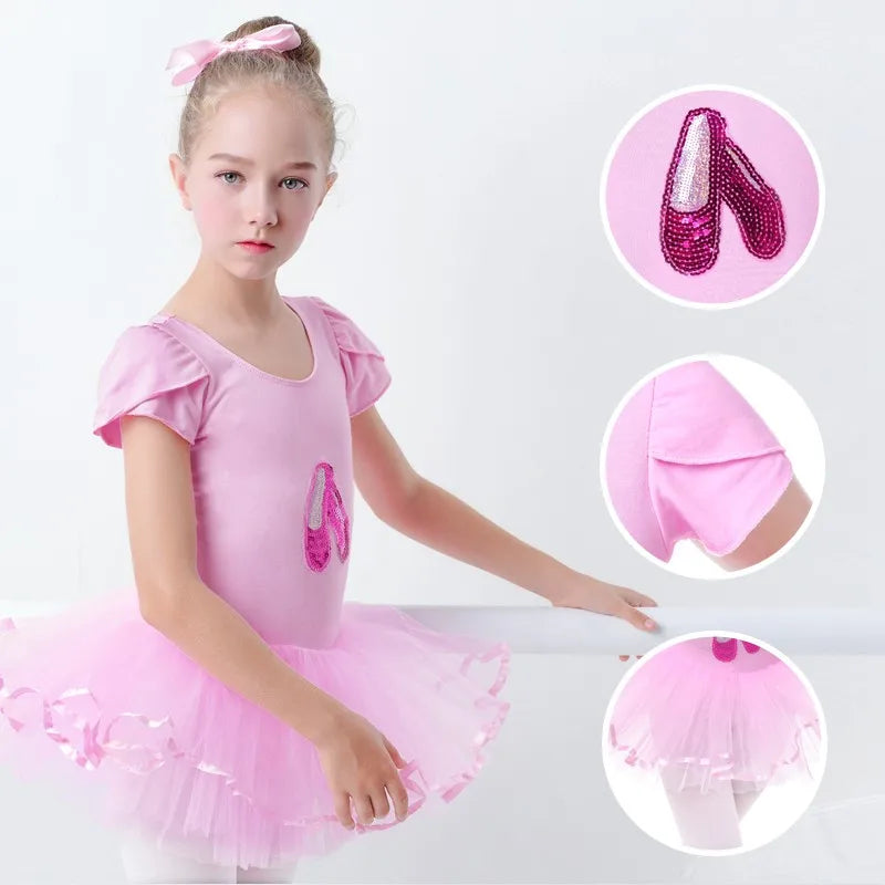 Close-up of the 'Poppy' Pink Sequined Slipper Chiffon Tutu Dress, focusing on the sequined ballet shoe design and soft fabric details, ideal for performances.