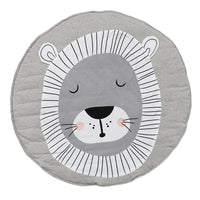 Round gray cushion with a lion face design on a white background