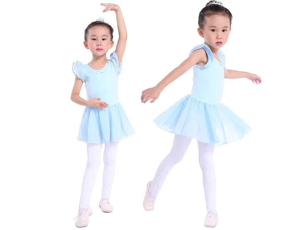 Girls light blue ballet tutu dress for toddlers with short flutter sleeves and white tights