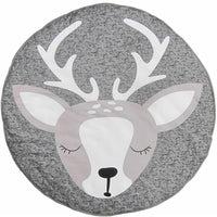 Round gray rug with a deer face design on a white background