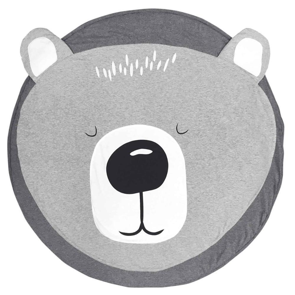 Round gray rug with a bear face design on a white background