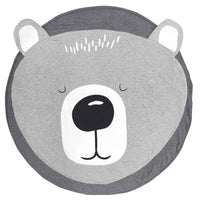 Round gray rug with a bear face design on a white background