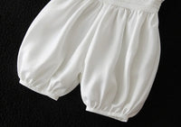 White baby bloomers with elastic cuffs and lace waistband for formal special occasion outfits.