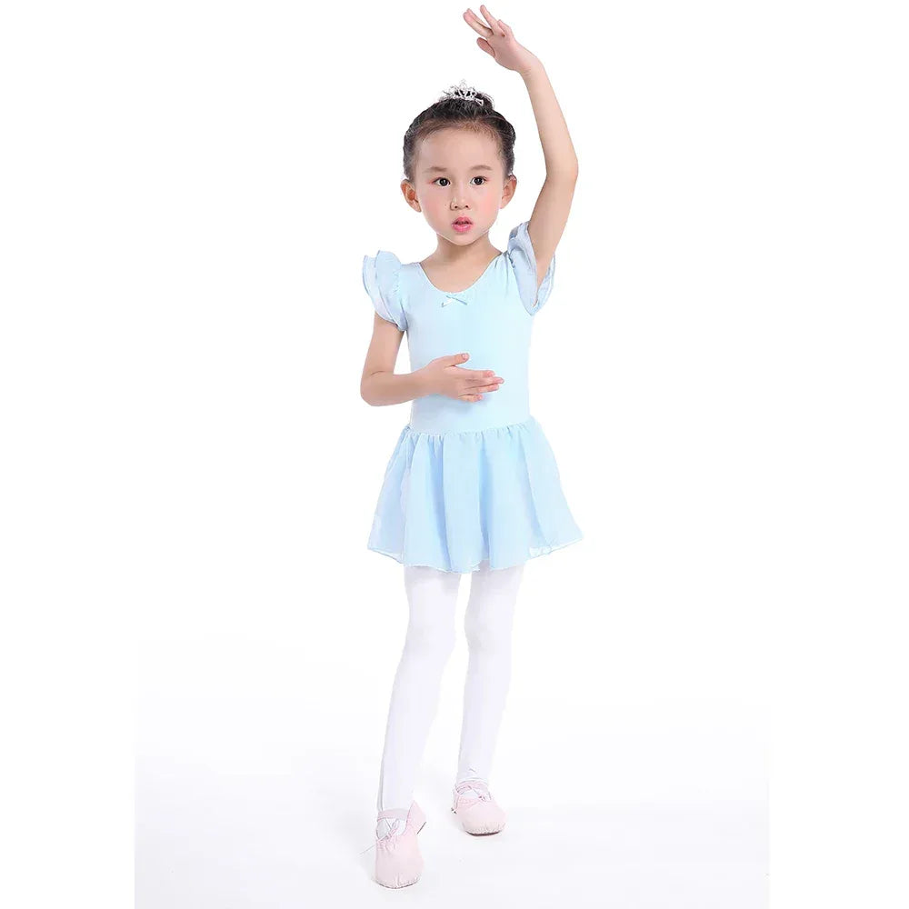 Girls light blue ballet tutu dress with puff sleeves, size for young children, paired with white tights