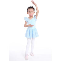 Girls light blue ballet tutu dress with puff sleeves, size for young children, paired with white tights