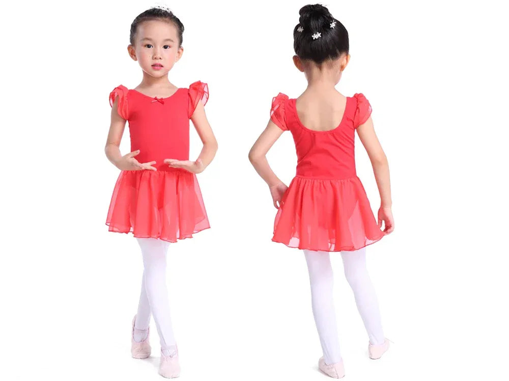 Girls red ballet tutu dress with puff sleeves for toddlers and kids, pink ballet shoes