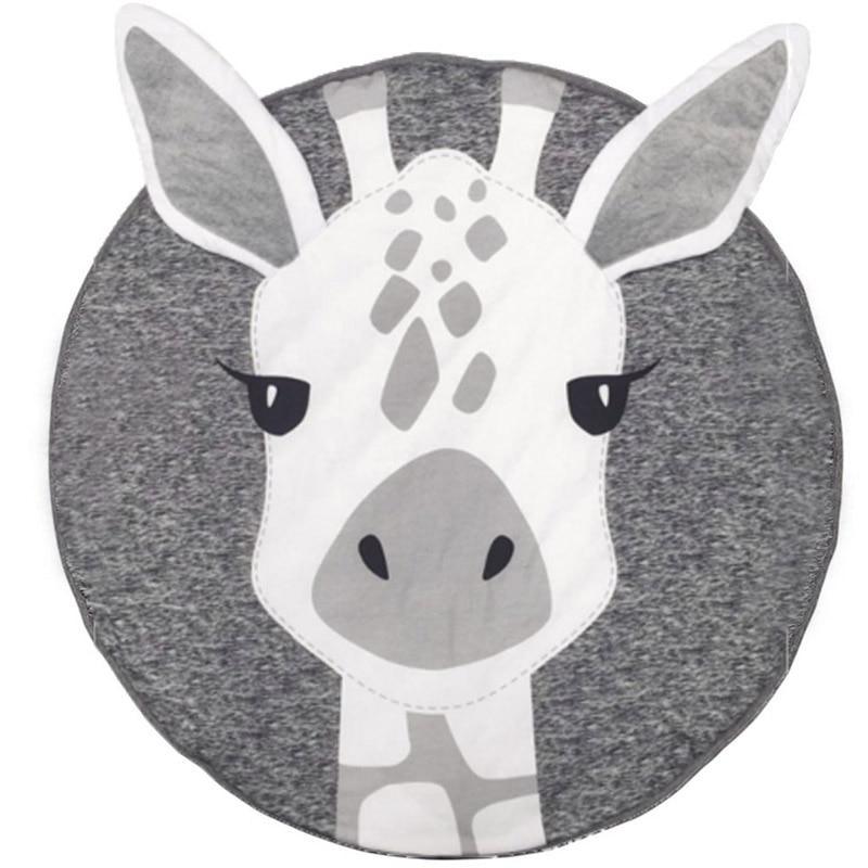 Round gray rug with a zebra design on a white background