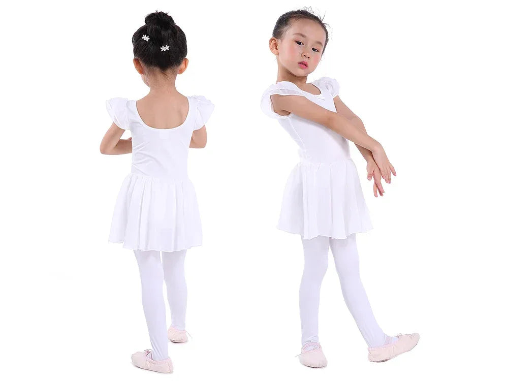 White girls ballet tutu dress for toddlers with short puff sleeves and matching tights