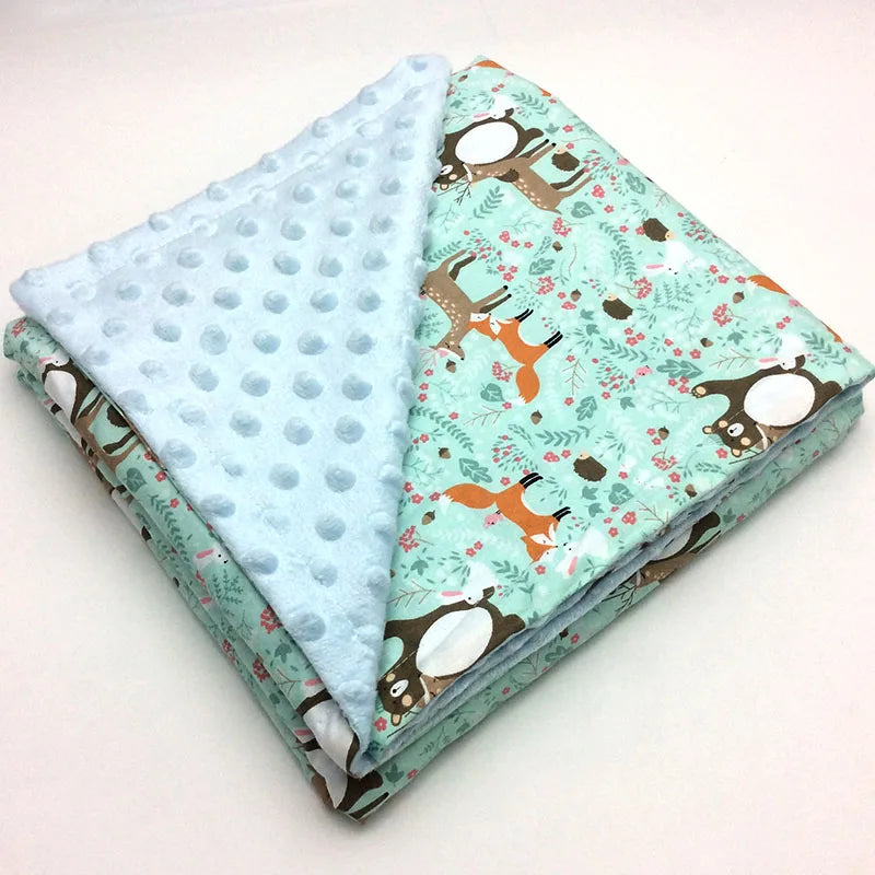 Dotted minky blanket with colorful animal prints, 31 designs, 100 x 75 cm, lightweight for babies and children.