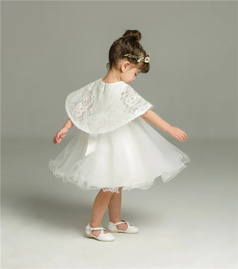"Little Grace" Lace Special Occasion Dress with Elegant Cape & Bow Accents - The Palm Beach Baby