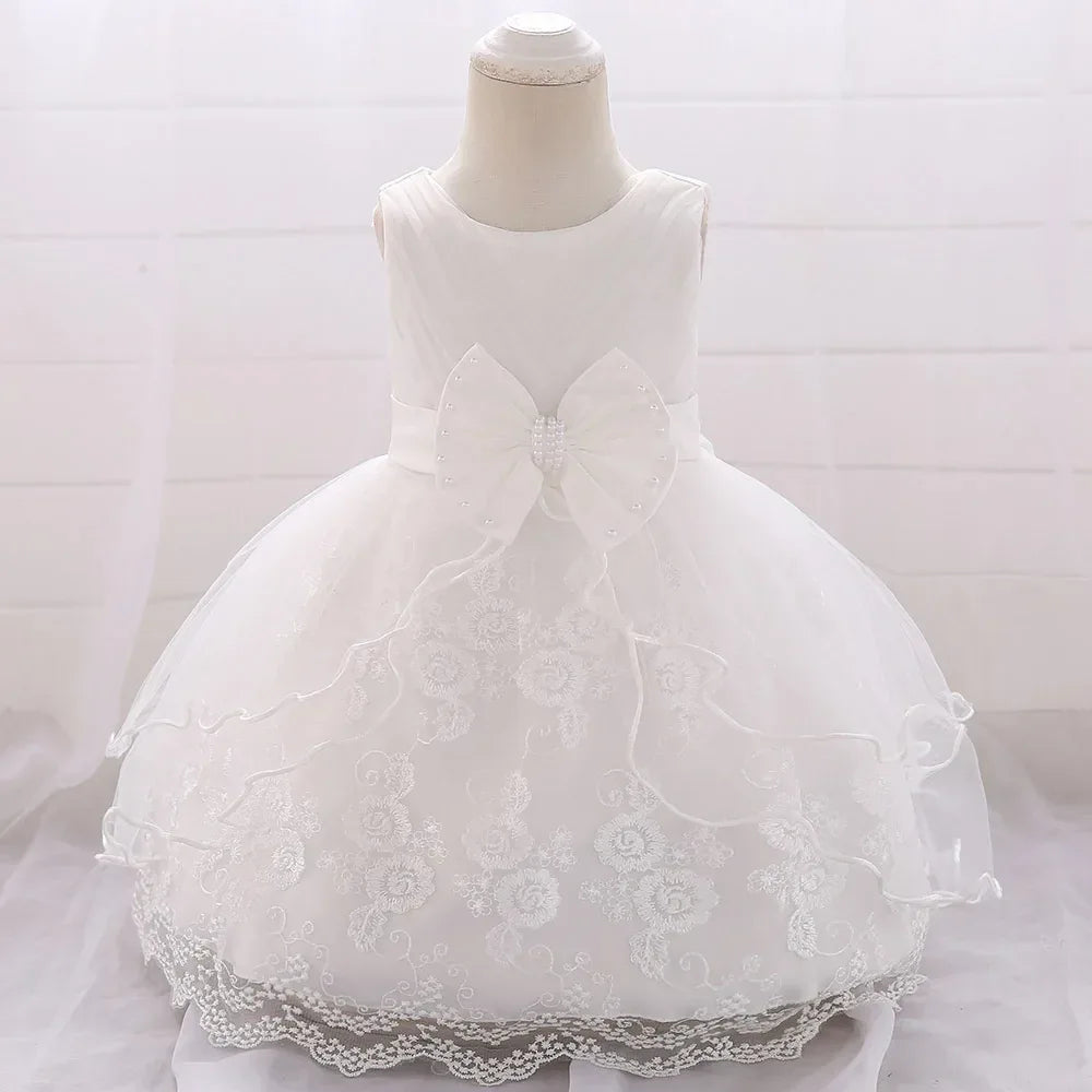 Elegant Pearl Bow Dress for Girls in Stylish Lace- 5 Chic Colors - The Palm Beach Baby