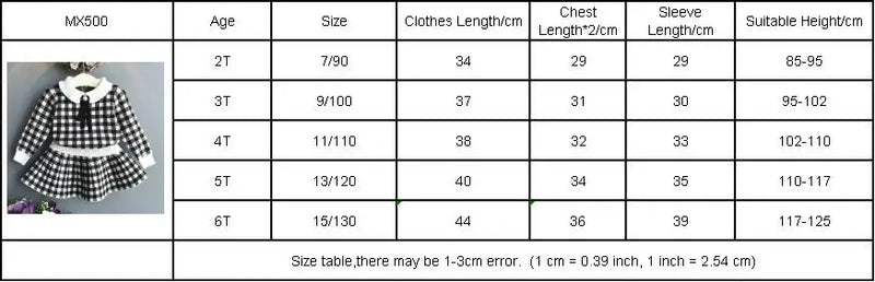 Size chart for Sacha Marie Knitted Girls Houndstooth Skirt Set, detailing measurements for ages 2 to 6 years, promoting ideal fit.