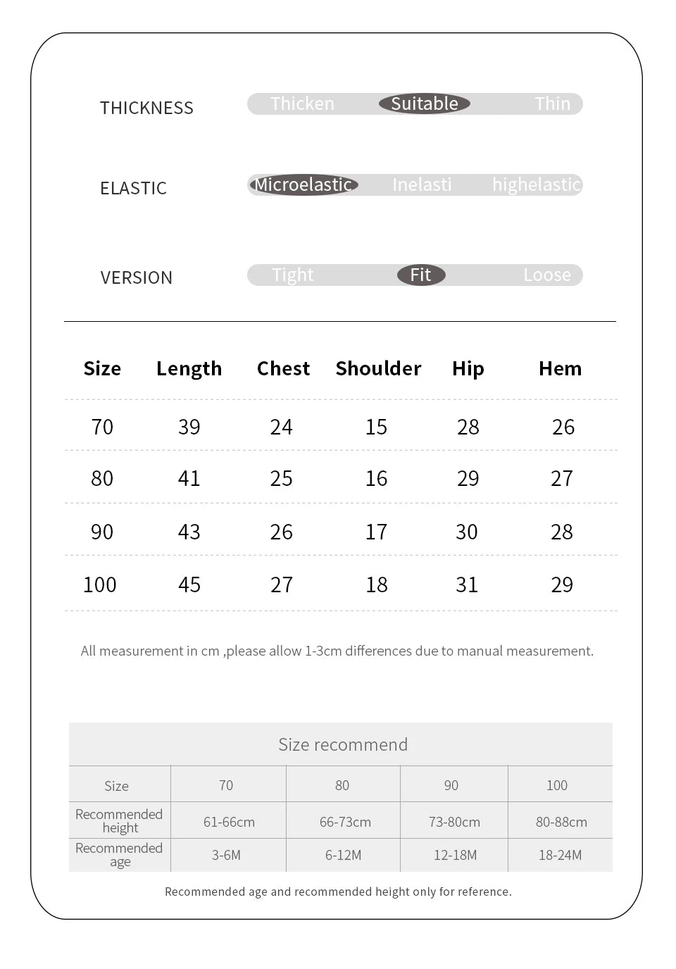 A size chart and measurement table for a women's bra, showing sizes 70 to 100 with lengths, chest, shoulder, hip, and hem measurements, plus a recommended height column at the bottom.