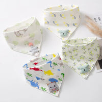 Cute triangle cotton baby bibs with cartoon dinosaur, bunny, and floral prints. Soft saliva towel keeps baby dry during feeding.