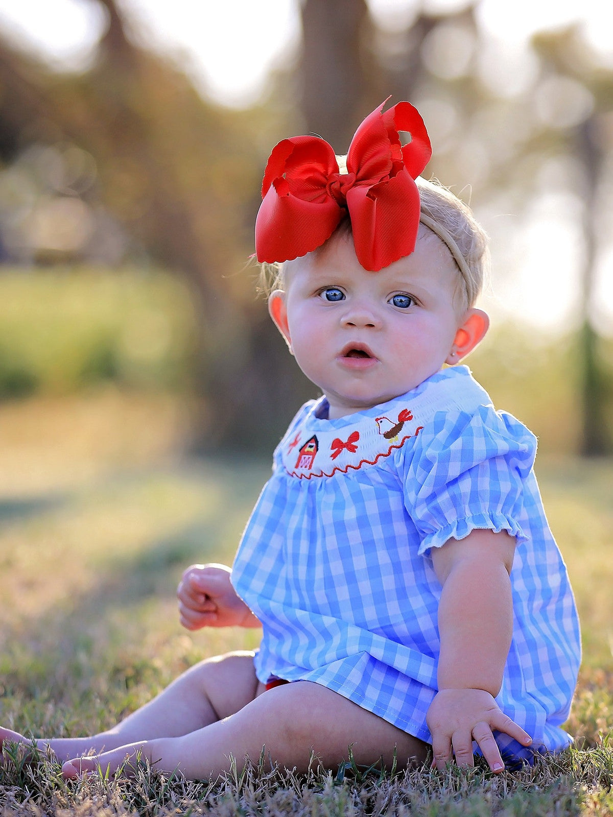 Adorable young girl wearing the Farm Smocking Embroidered Girls Outfits while playing outside in her embroidered smocking dress.