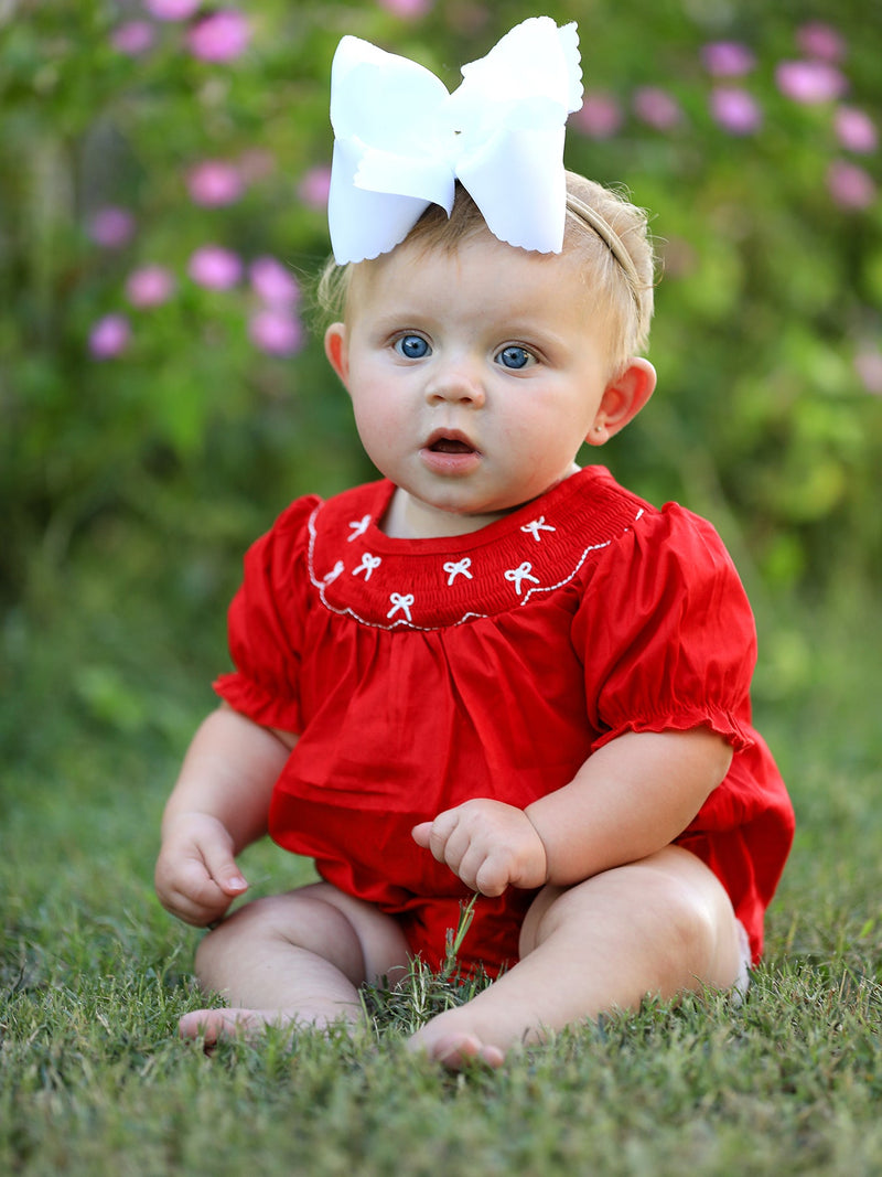 Girls Bow Smocking Embroidered Red Romper - The Palm Beach Baby Rylee Faith Designs