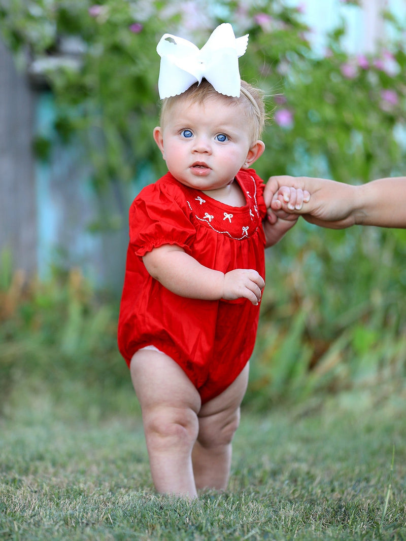 Girls Bow Smocking Embroidered Red Romper - The Palm Beach Baby Rylee Faith Designs