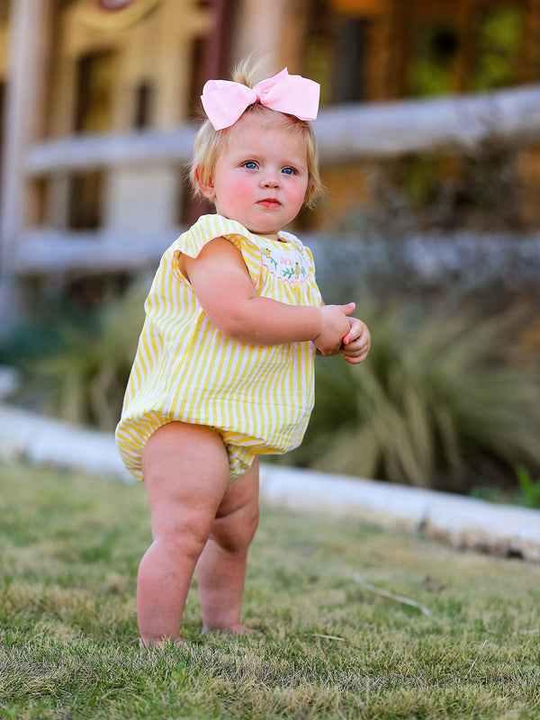 Close-up of Spring/Summer Chick Floral Embroidery Smocking Girls Romper highlighting the intricate embroidery and soft cotton fabric.