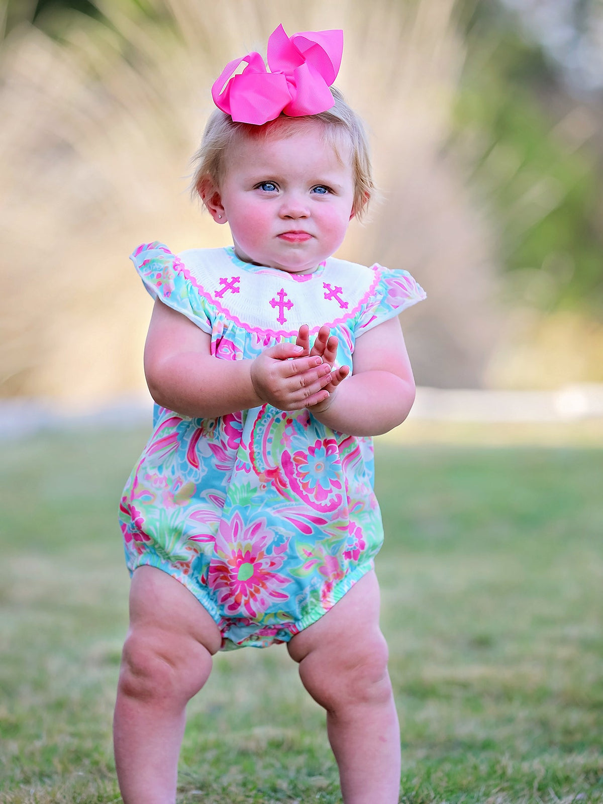 Easter Cross Smocking Embroidery Baby Girl Romper - The Palm Beach Baby Rylee Faith Designs