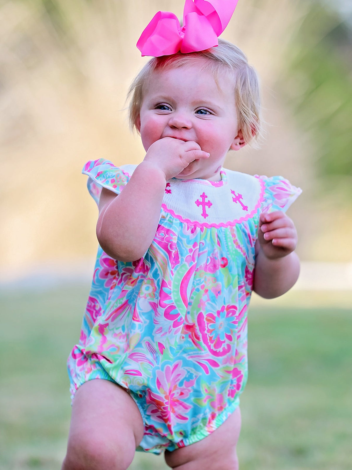 Easter Cross Smocking Embroidery Baby Girl Romper - The Palm Beach Baby Rylee Faith Designs