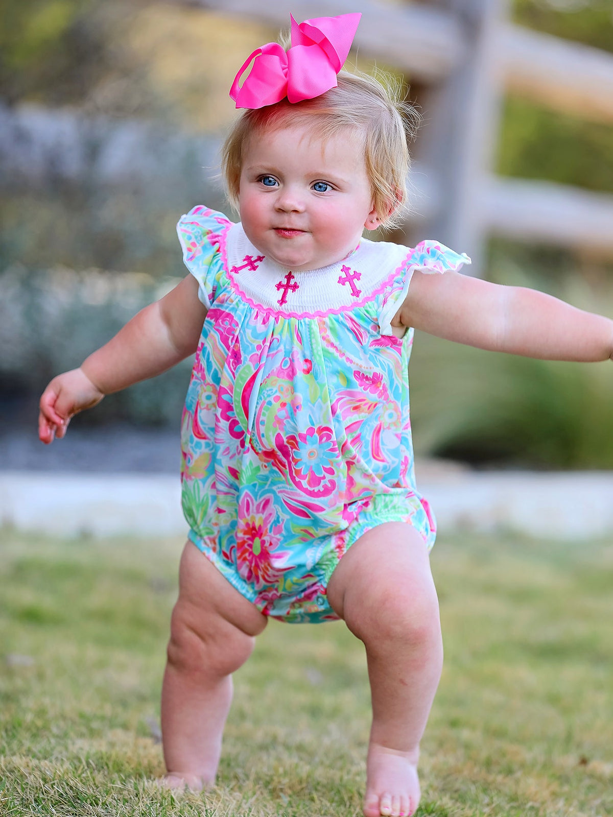 Easter Cross Smocking Embroidery Baby Girl Romper - The Palm Beach Baby Rylee Faith Designs