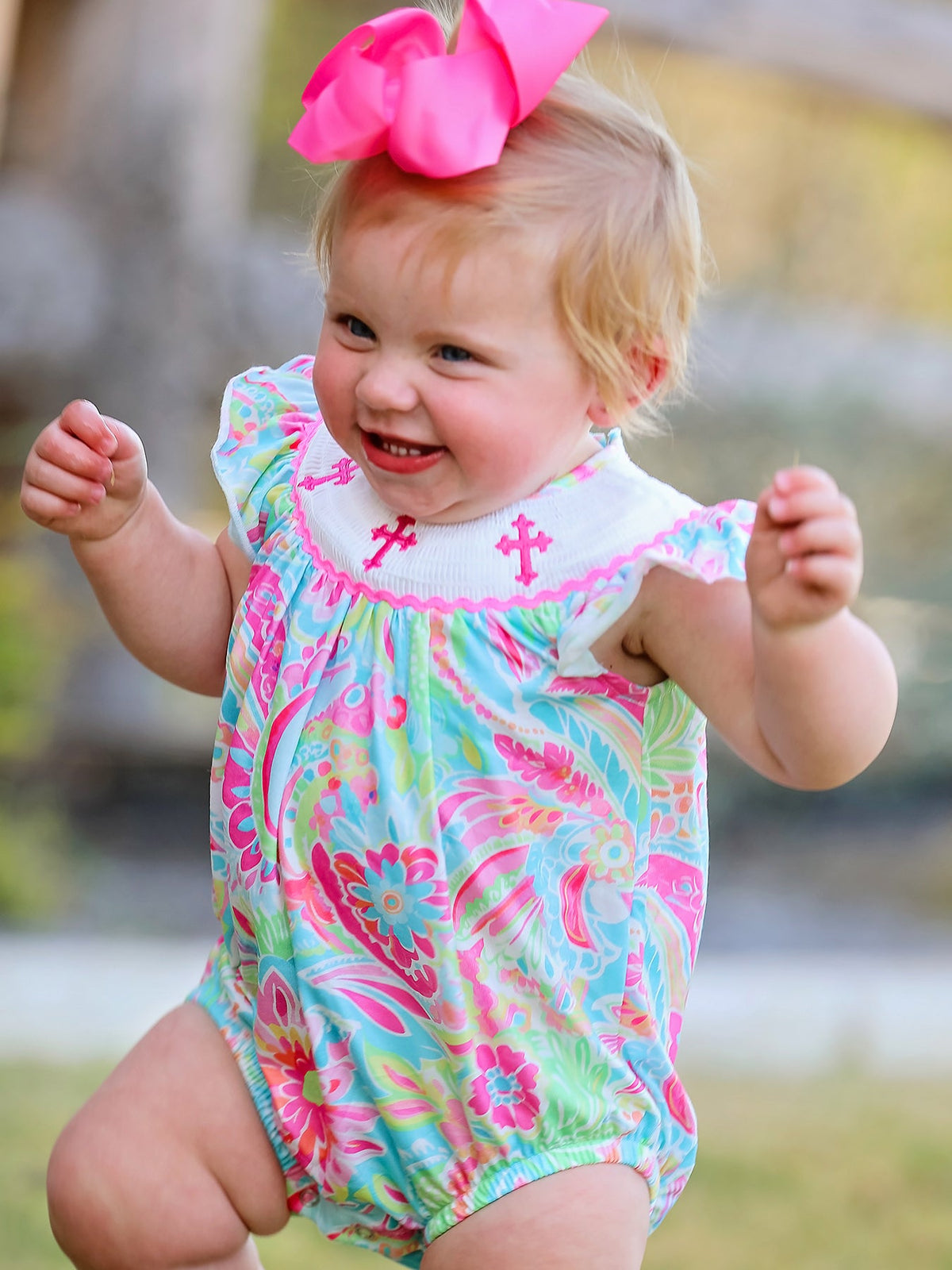 Easter Cross Smocking Embroidery Baby Girl Romper - The Palm Beach Baby Rylee Faith Designs