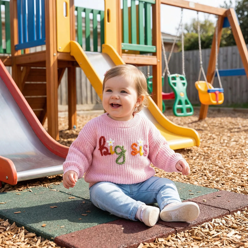 Smiling toddler in pink big sis sweater and jeans sitting on playground mats outdoors