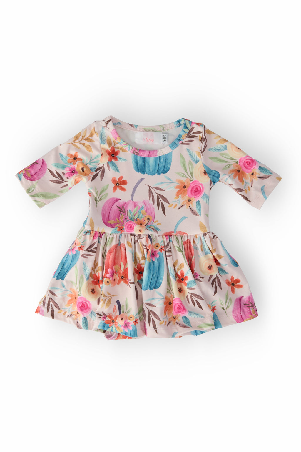 Harvest Blooms 3/4 Sleeve Twirl Bodysuit featuring a playful floral pattern, designed to inspire twirls and giggles.