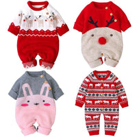 Collection of baby outfits with Christmas-themed designs on a white background