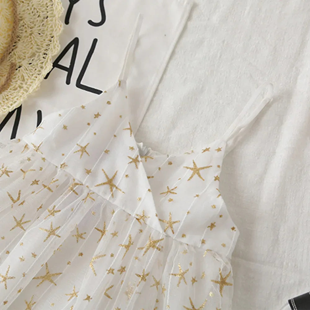 Star Sweetie Flowy Voile Dress - Enchanting Sleeveless Dress with Gold Stars - The Palm Beach Baby