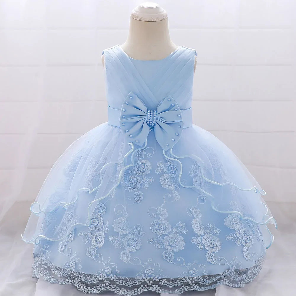 Elegant Pearl Bow Dress for Girls in Stylish Lace- 5 Chic Colors - The Palm Beach Baby
