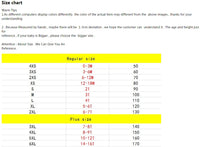 Girls clothing size chart showing regular and plus sizes from 4XS to 6XL with age and cm measurements for pumpkin boho dress sets.