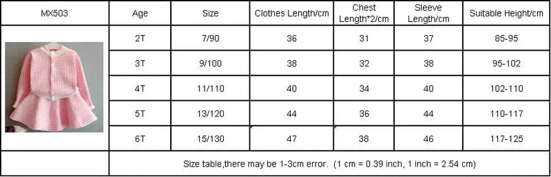 Size chart for Sacha Marie Knitted Girls Houndstooth Skirt Set in pink, outlining dimensions for young girls to ensure the perfect fit.
