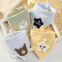 Soft cotton baby triangle bibs with bear and star patches. Absorbent feeding aprons to keep babies dry and clothes clean.