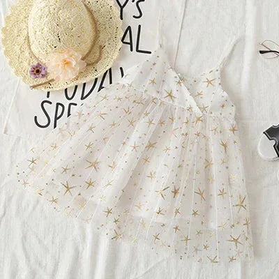 Star Sweetie Flowy Voile Dress - Enchanting Sleeveless Dress with Gold Stars - The Palm Beach Baby