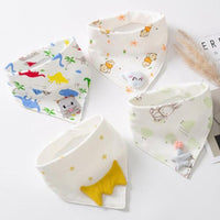 Soft cotton triangle baby bibs with cartoon dinosaur, bear, rabbit, and star prints. Absorbent feeding apron keeps baby dry and clothes clean.