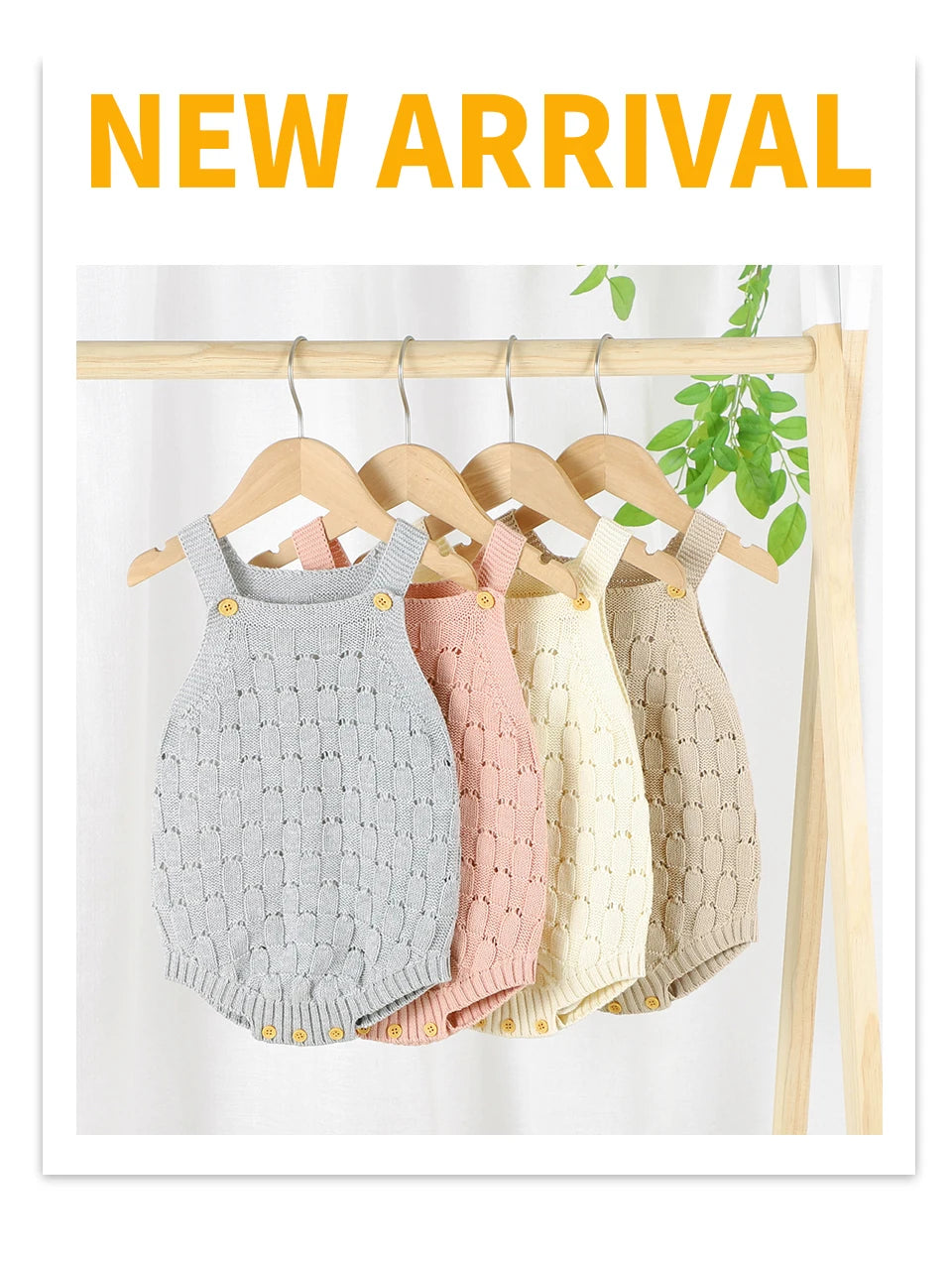 Four knitted baby tank tops in light gray, pink, cream, and beige hang on wooden hangers from a light wood rack, with a white border and the text 'NEW ARRIVAL' at the top.