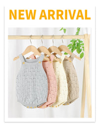 Four knitted baby tank tops in light gray, pink, cream, and beige hang on wooden hangers from a light wood rack, with a white border and the text 'NEW ARRIVAL' at the top.