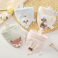 Soft cotton triangle baby bibs featuring cute fox, bunny, star, and giraffe appliqués to keep infants dry during feeding.