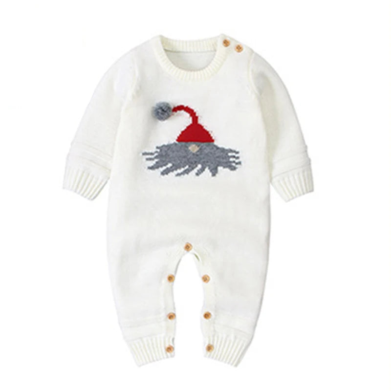 Adorable Winter Santa Baby Knit Romper in Wentworth White with playful Santa design, ideal for capturing holiday moments and keeping your little one cozy.