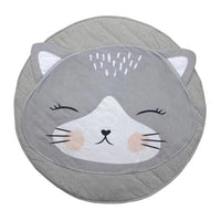 Gray cat-shaped cushion with a smiling face on a white background